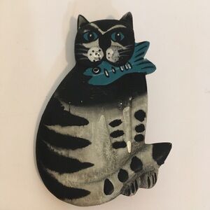 Large gray tabby cat with blue fish pin brooch lightweight handpainted